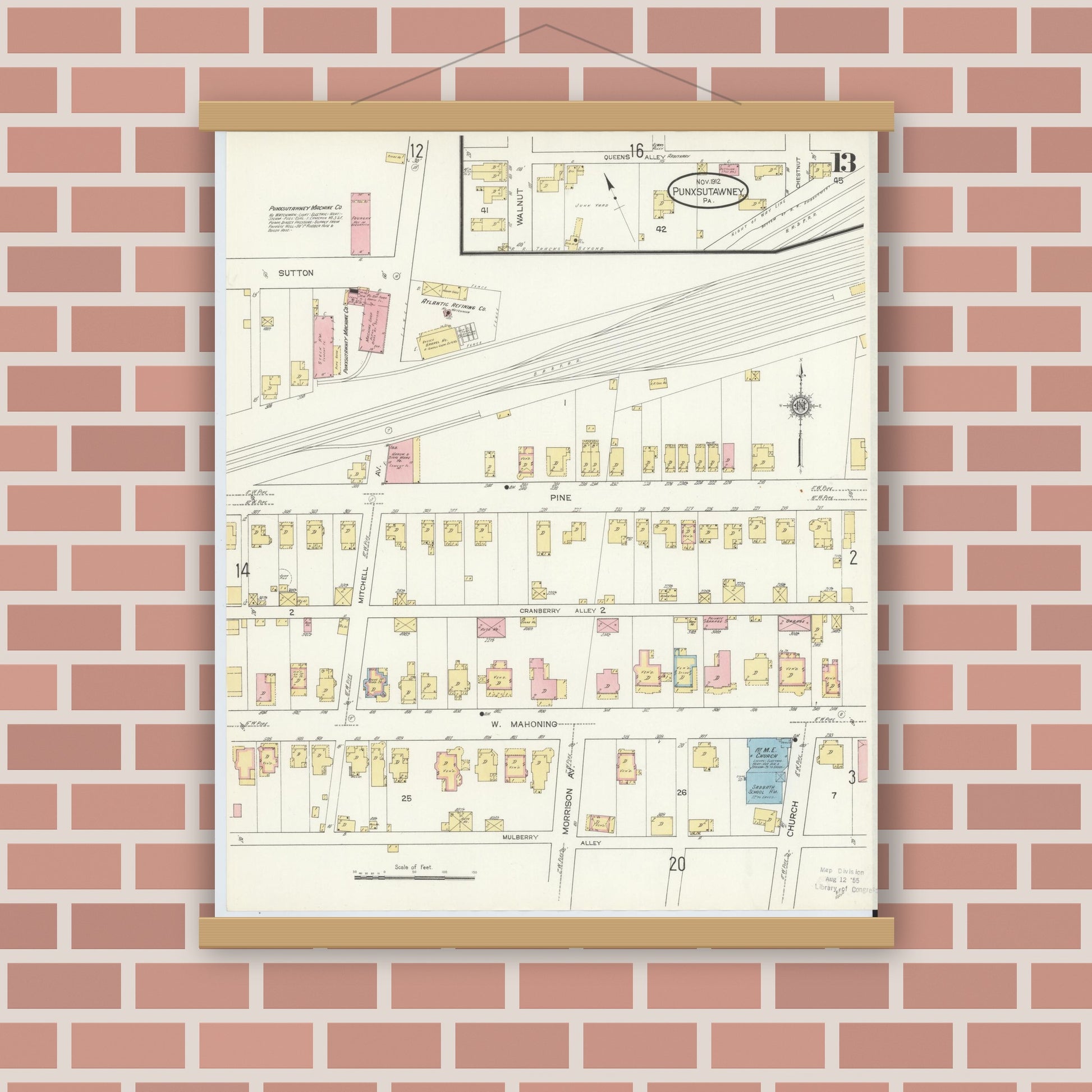 Old map wall art mockup — magnetic wood frame on brick wall — Sanborn Fire Insurance Map from Punxsutawney, Jefferson County, Pennsylvania (1912), Sheet #0013