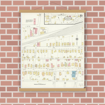 Old map wall art mockup — magnetic wood frame on brick wall — Sanborn Fire Insurance Map from Punxsutawney, Jefferson County, Pennsylvania (1912), Sheet #0013