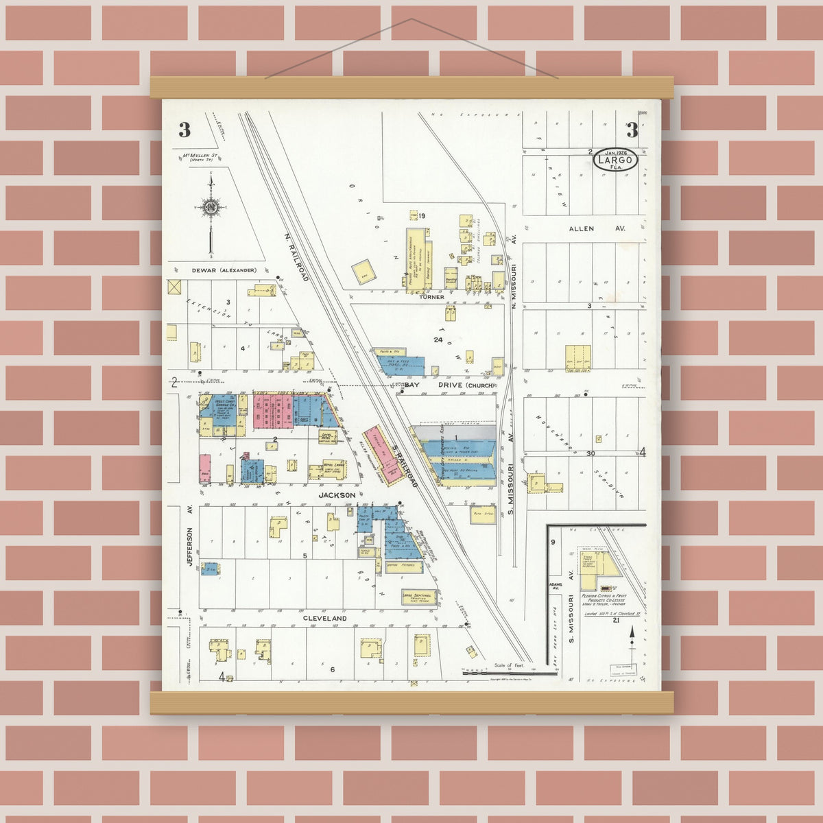 Old map wall art mockup — magnetic wood frame on brick wall — Sanborn Fire Insurance Map from Largo, Pinellas County, Florida (1926), Sheet #0003