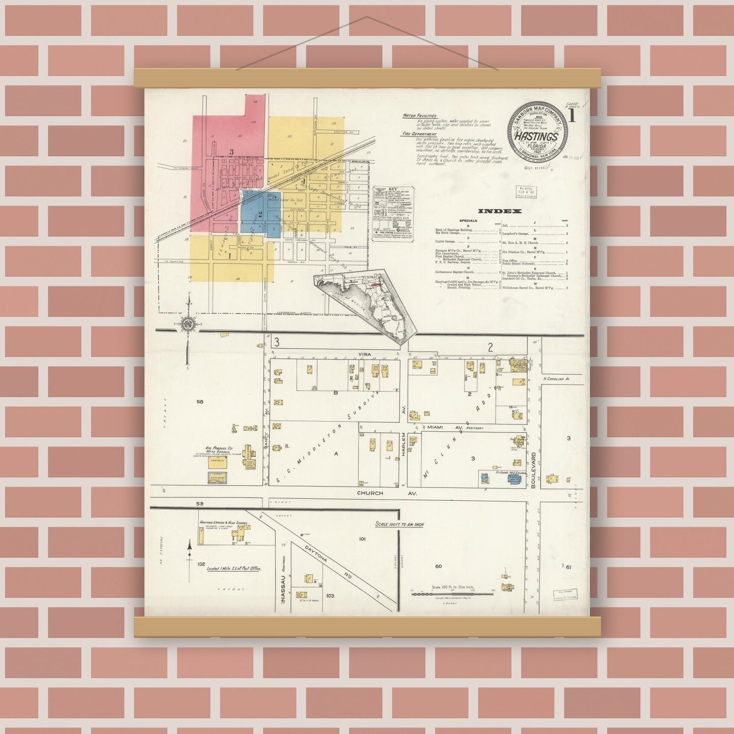 Old map wall art mockup — magnetic wood frame on brick wall — Sanborn Fire Insurance Map from Hastings, St. Johns County, Florida (1921), Sheet #0001