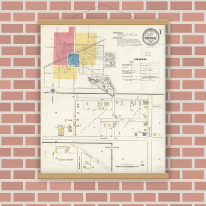 Old map wall art mockup — magnetic wood frame on brick wall — Sanborn Fire Insurance Map from Hastings, St. Johns County, Florida (1921), Sheet #0001