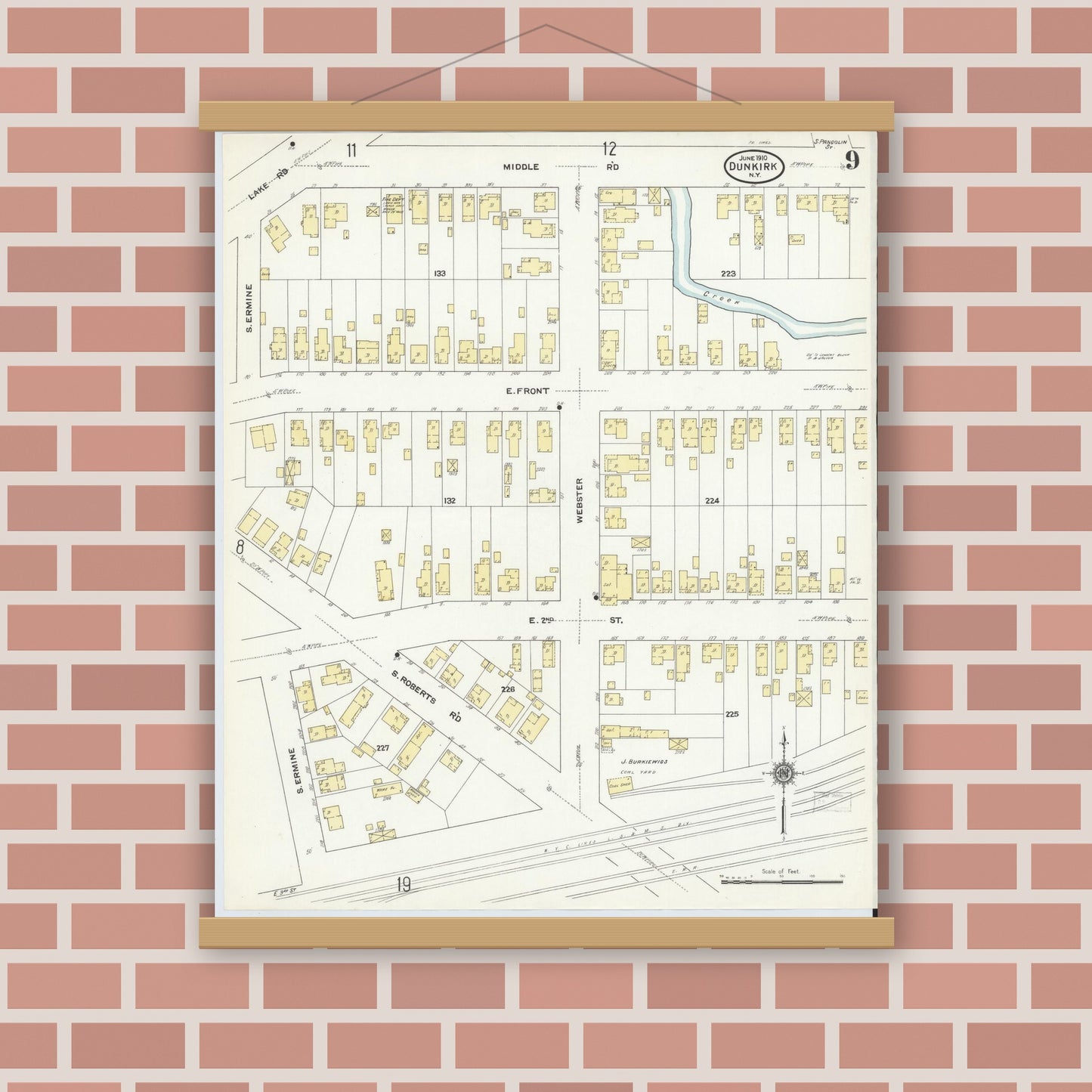 Old map wall art mockup — magnetic wood frame on brick wall — Sanborn Fire Insurance Map from Dunkirk, Chautauqua County, New York (1910), Sheet #0009