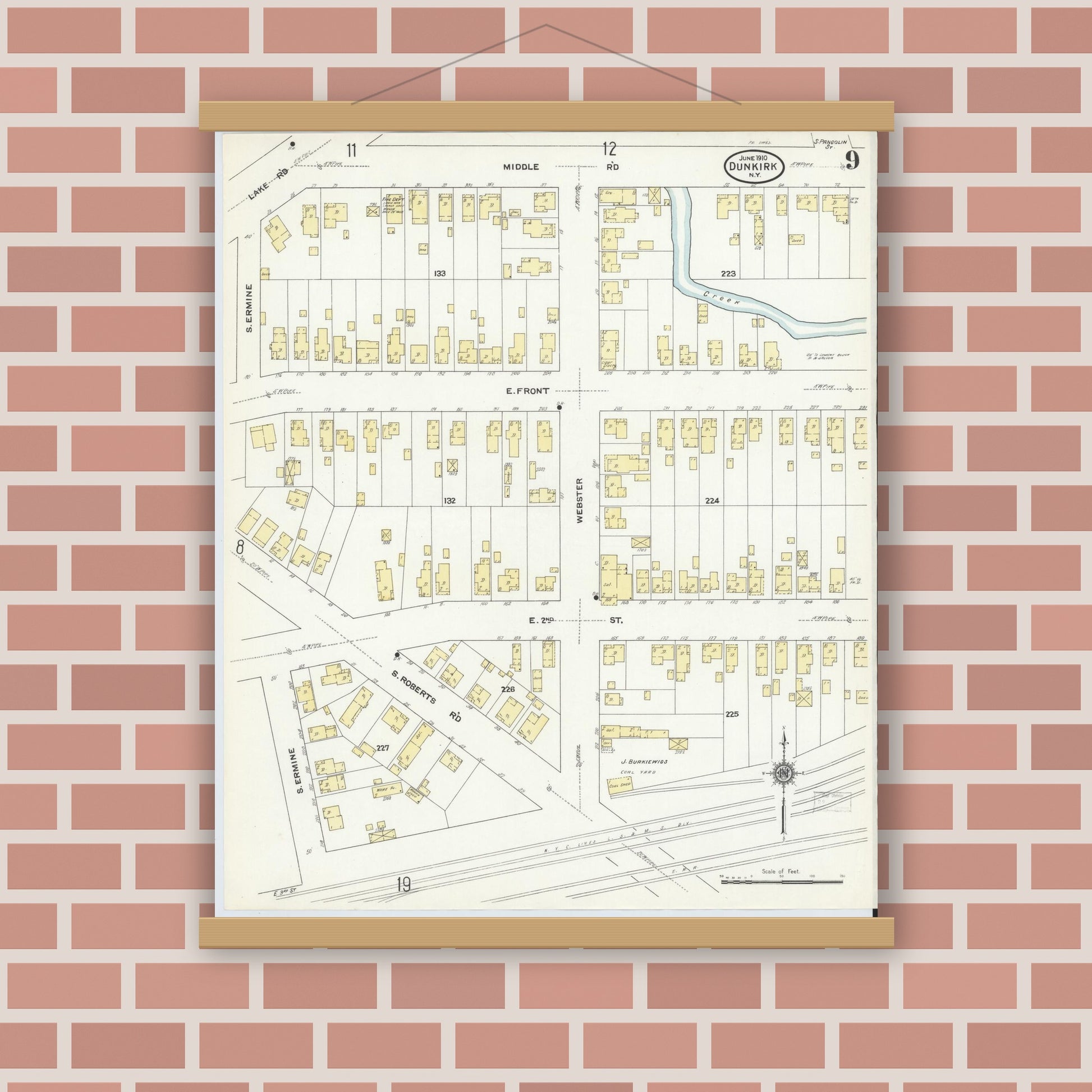 Old map wall art mockup — magnetic wood frame on brick wall — Sanborn Fire Insurance Map from Dunkirk, Chautauqua County, New York (1910), Sheet #0009