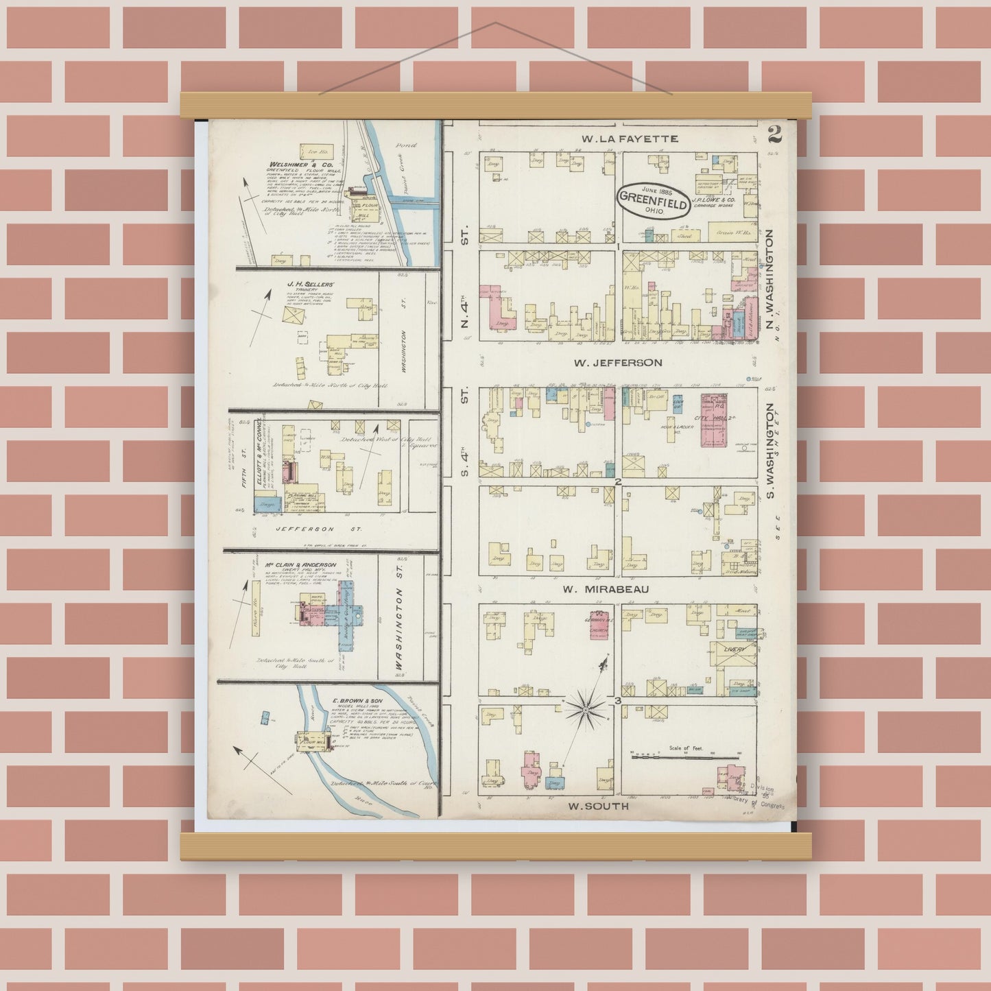 Old map wall art mockup — magnetic wood frame on brick wall — Sanborn Fire Insurance Map from Greenfield, Highland County, Ohio (1885), Sheet #0002