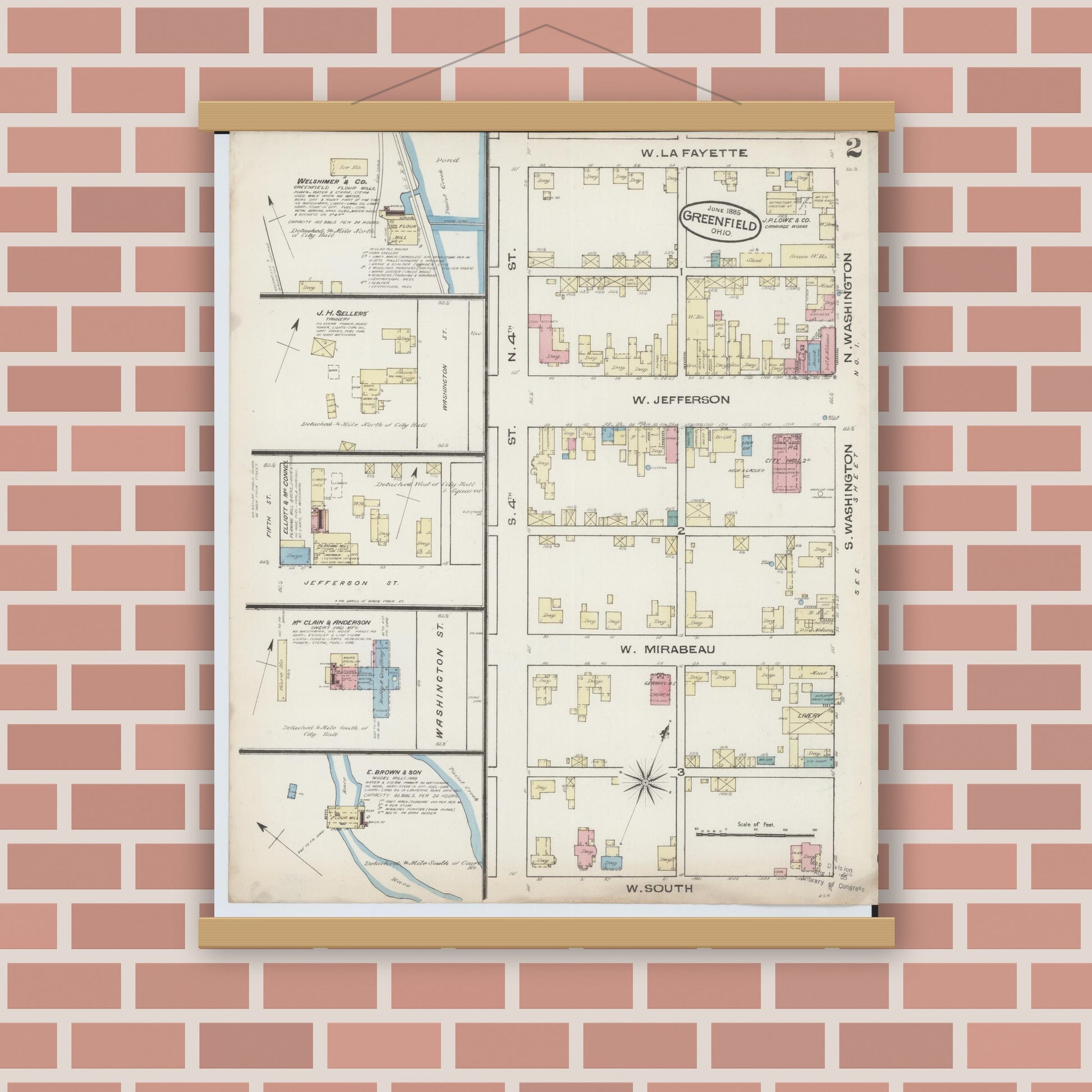 Old map wall art mockup — magnetic wood frame on brick wall — Sanborn Fire Insurance Map from Greenfield, Highland County, Ohio (1885), Sheet #0002