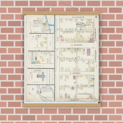 Old map wall art mockup — magnetic wood frame on brick wall — Sanborn Fire Insurance Map from Greenfield, Highland County, Ohio (1885), Sheet #0002