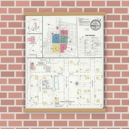 Old map wall art mockup — magnetic wood frame on brick wall — Sanborn Fire Insurance Map from Monroe City, Monroe County, Missouri (1909) - Complete Map Set