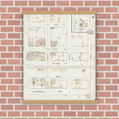 Old map wall art mockup — magnetic wood frame on brick wall — Sanborn Fire Insurance Map from Terrell, Kaufman County, Texas (1888), Sheet #0003