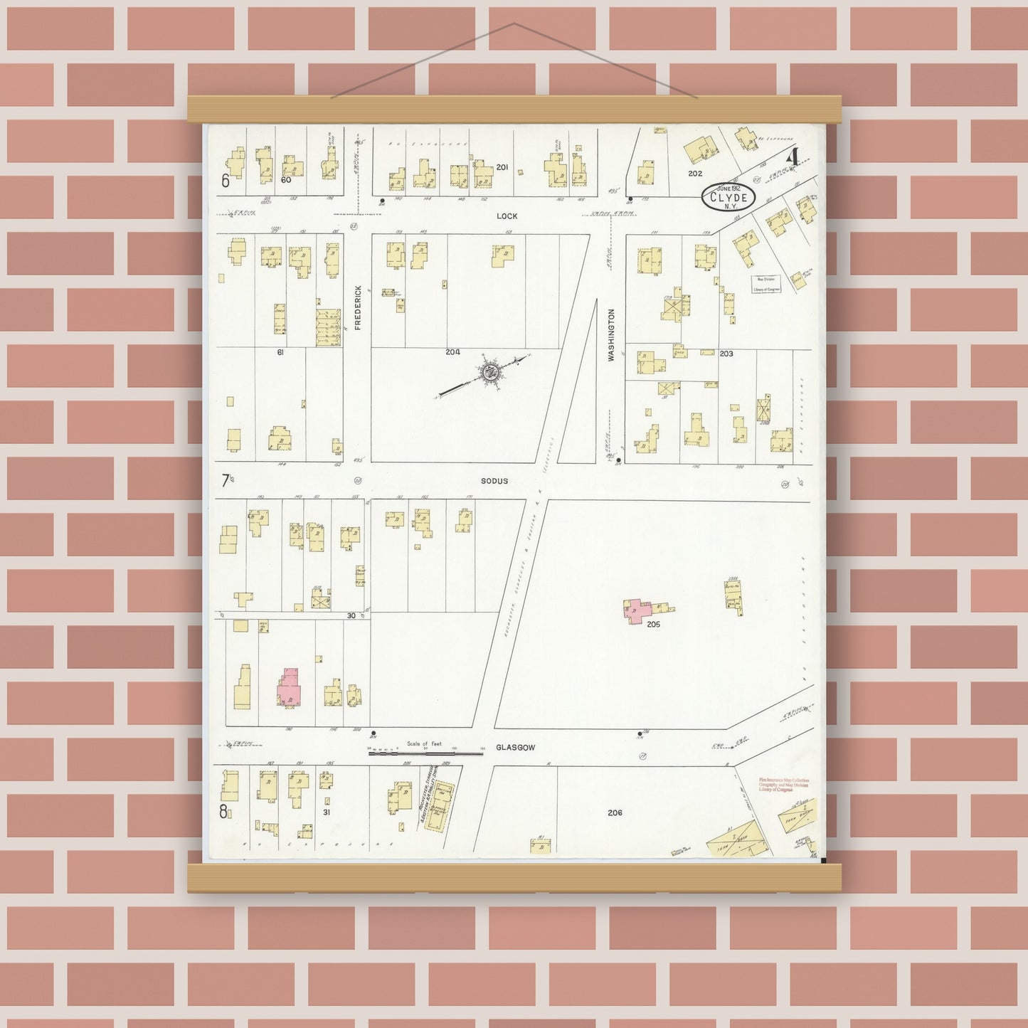 Old map wall art mockup — magnetic wood frame on brick wall — Sanborn Fire Insurance Map from Clyde, Wayne County, New York (1912), Sheet #0004