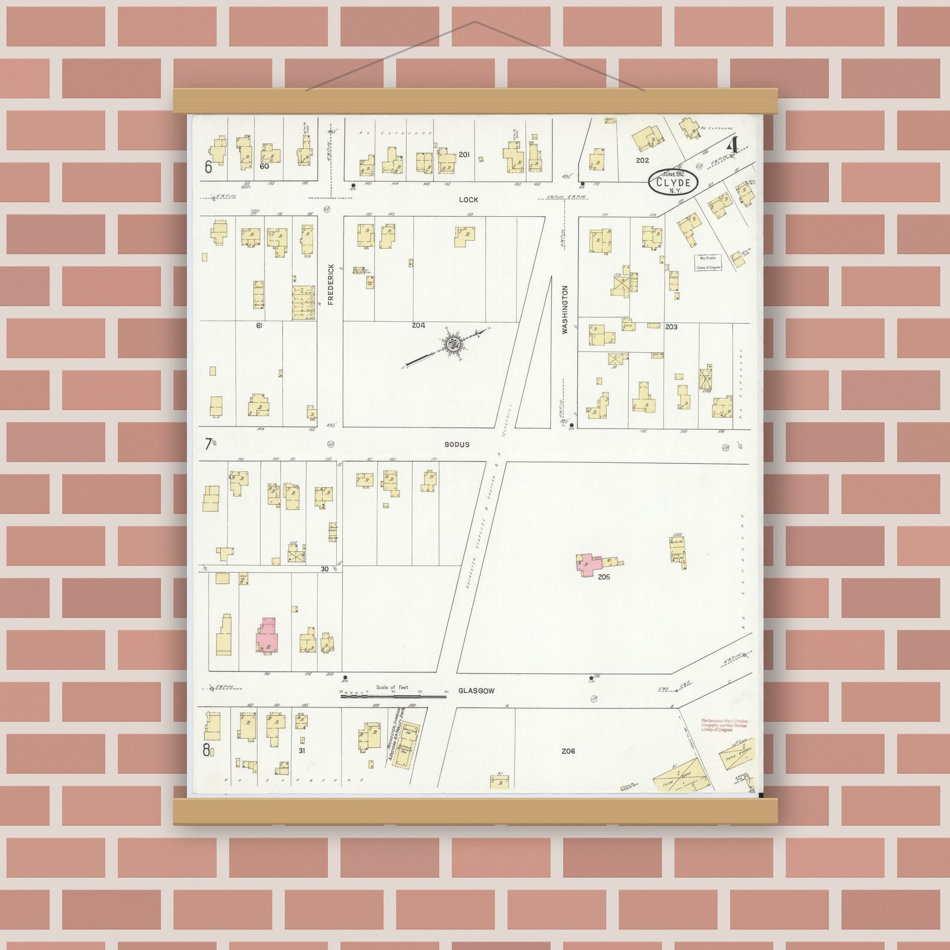 Old map wall art mockup — magnetic wood frame on brick wall — Sanborn Fire Insurance Map from Clyde, Wayne County, New York (1912), Sheet #0004