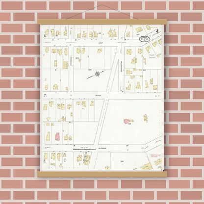 Old map wall art mockup — magnetic wood frame on brick wall — Sanborn Fire Insurance Map from Clyde, Wayne County, New York (1912), Sheet #0004