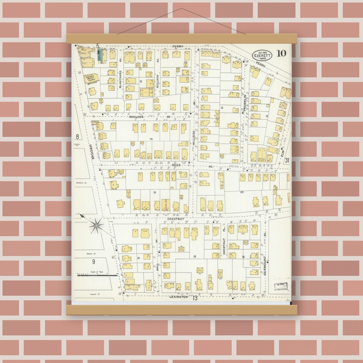 Old map wall art mockup — magnetic wood frame on brick wall — Sanborn Fire Insurance Map from Everett, Middlesex County, Massachusetts (1903), Sheet #0010