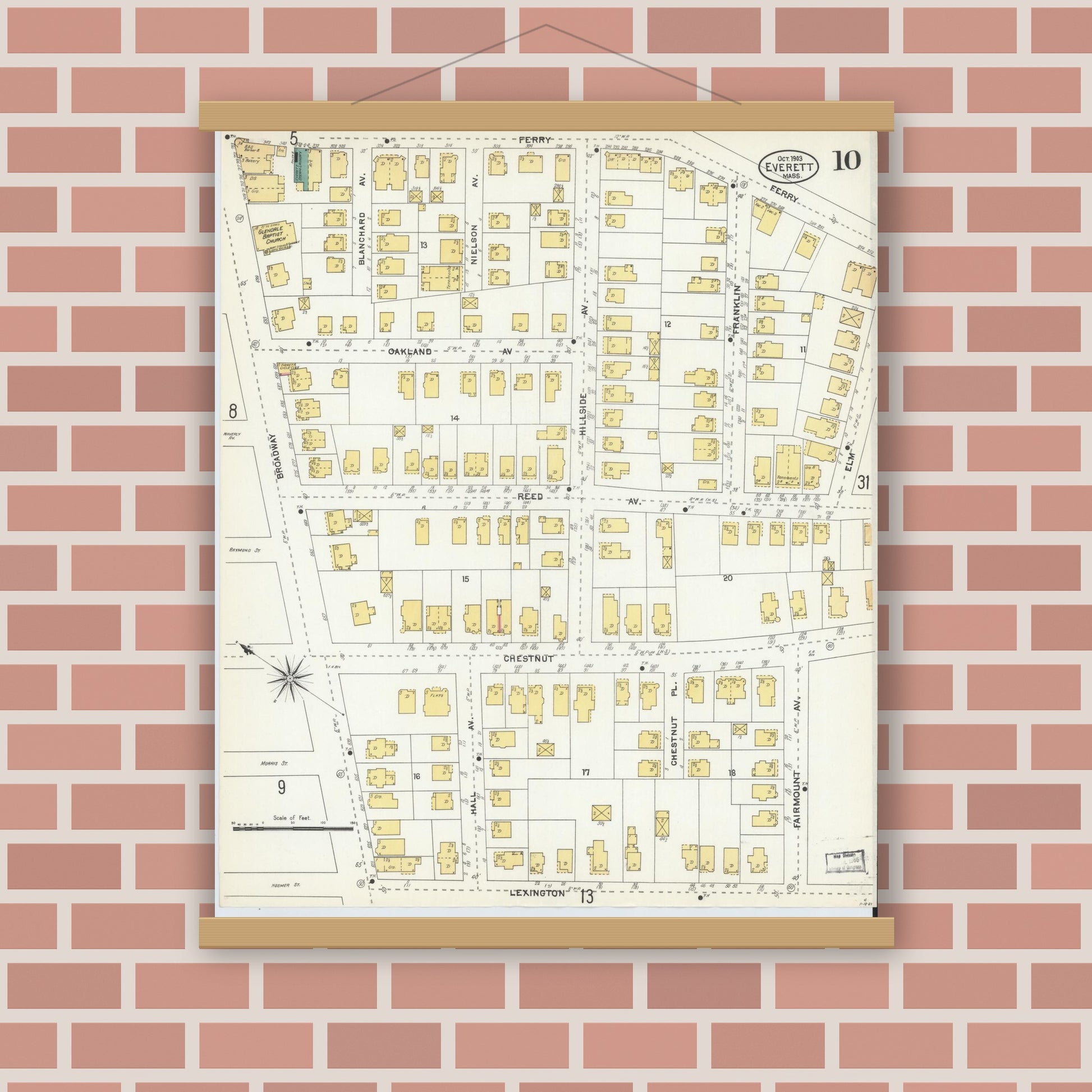Old map wall art mockup — magnetic wood frame on brick wall — Sanborn Fire Insurance Map from Everett, Middlesex County, Massachusetts (1903), Sheet #0010