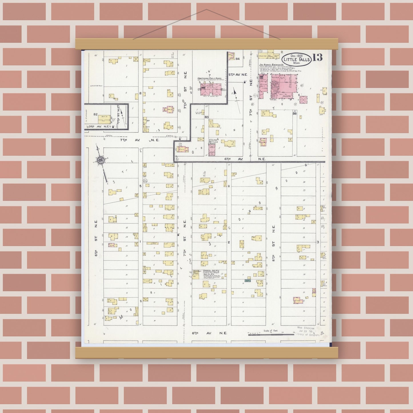 Old map wall art mockup — magnetic wood frame on brick wall — Sanborn Fire Insurance Map from Little Falls, Morrison County, Minnesota (1909), Sheet #0013