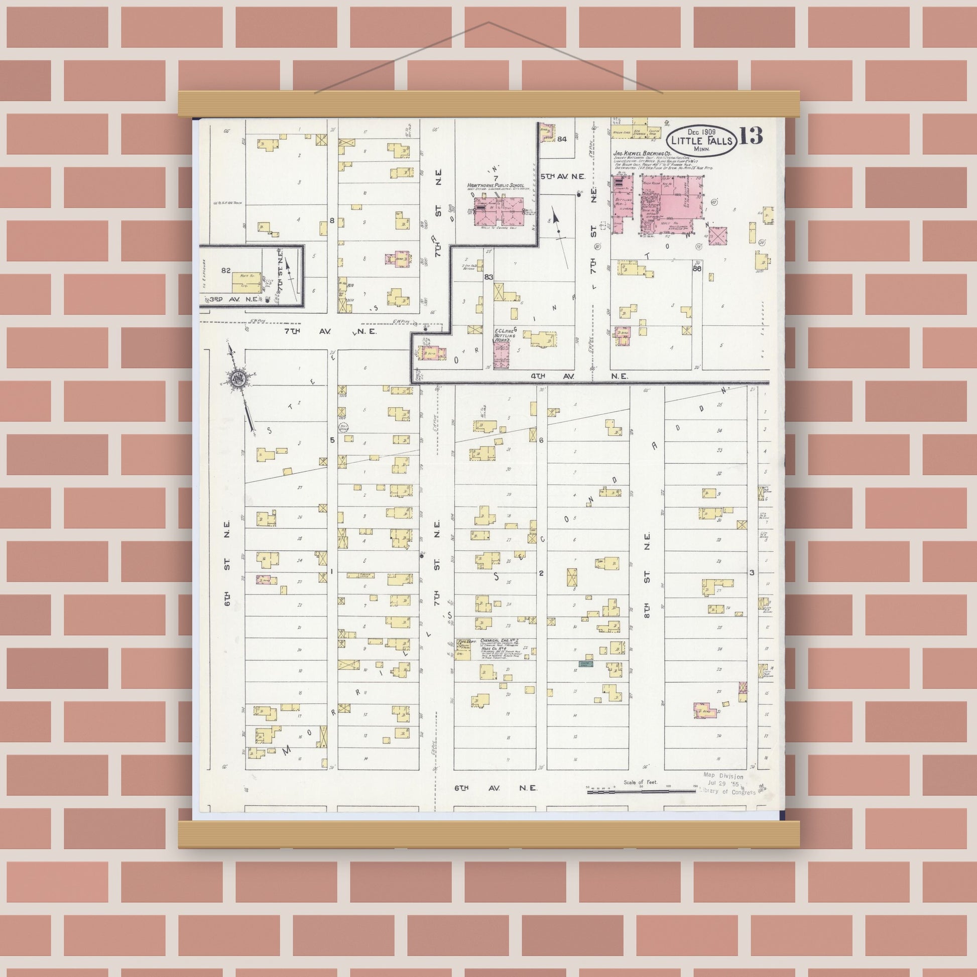 Old map wall art mockup — magnetic wood frame on brick wall — Sanborn Fire Insurance Map from Little Falls, Morrison County, Minnesota (1909), Sheet #0013