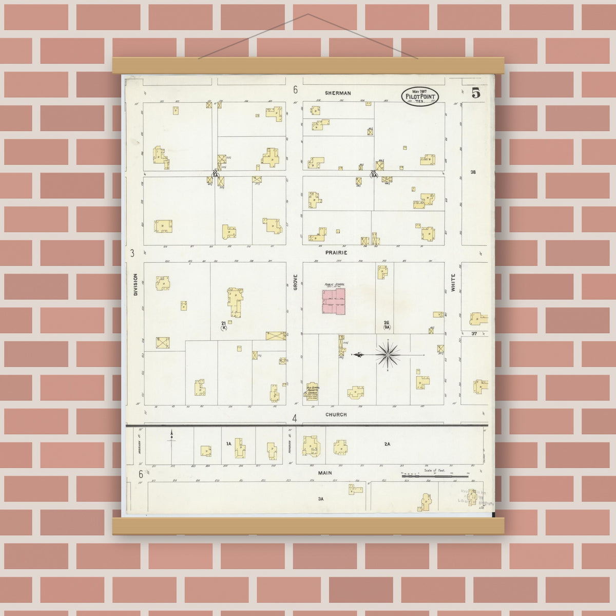 Old map wall art mockup — magnetic wood frame on brick wall — Sanborn Fire Insurance Map from Pilot Point, Denton County, Texas (1907), Sheet #0005