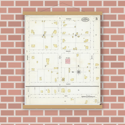 Old map wall art mockup — magnetic wood frame on brick wall — Sanborn Fire Insurance Map from Pilot Point, Denton County, Texas (1907), Sheet #0005