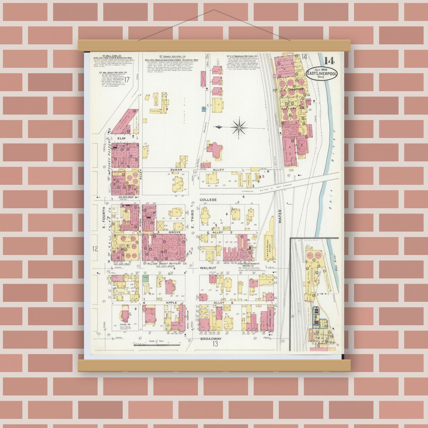 Old map wall art mockup — magnetic wood frame on brick wall — Sanborn Fire Insurance Map from East Liverpool, Columbiana County, Ohio (1908), Sheet #0014