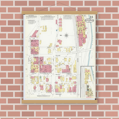 Old map wall art mockup — magnetic wood frame on brick wall — Sanborn Fire Insurance Map from East Liverpool, Columbiana County, Ohio (1908), Sheet #0014