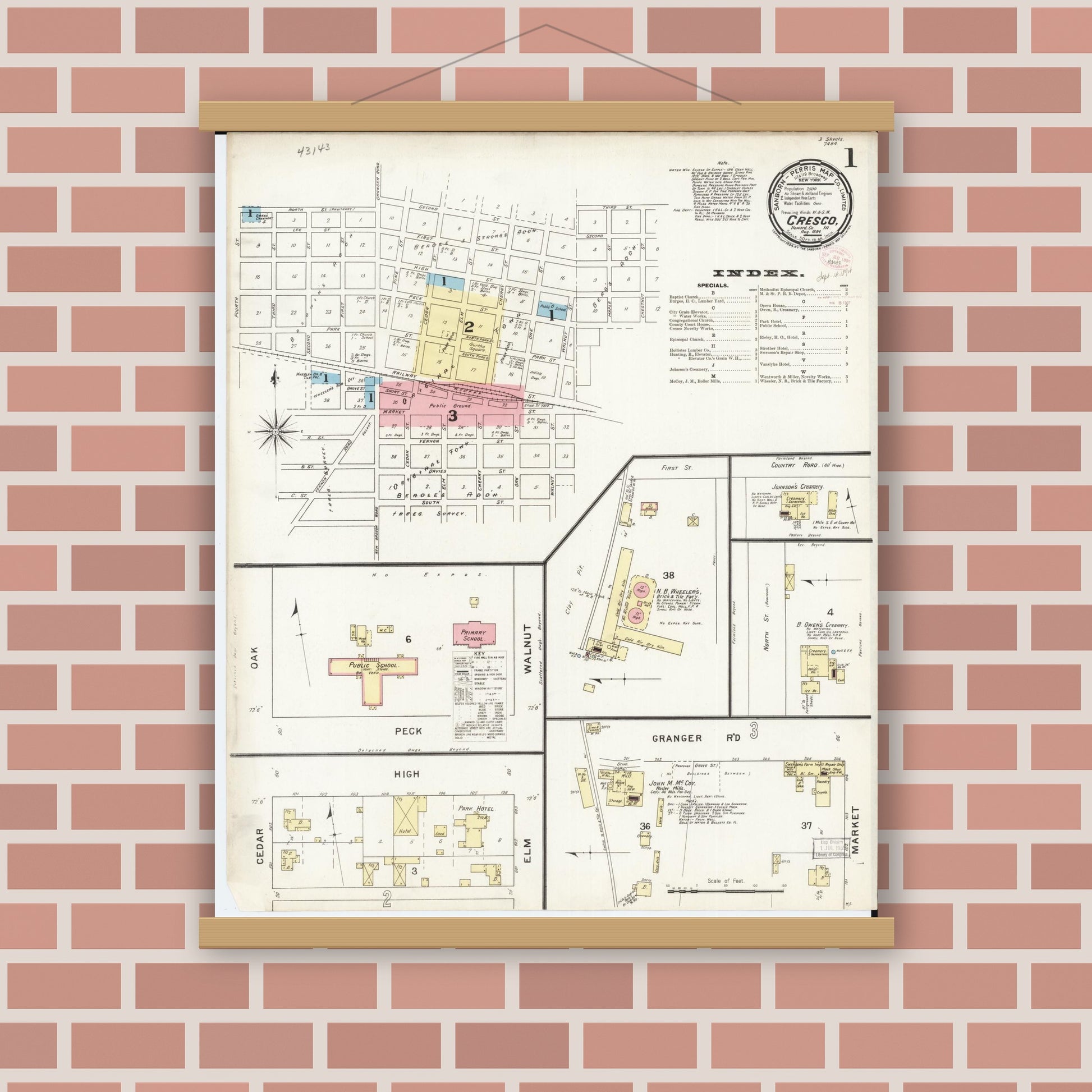 Old map wall art mockup — magnetic wood frame on brick wall — Sanborn Fire Insurance Map from Cresco, Howard County, Iowa (1894), Sheet #0001