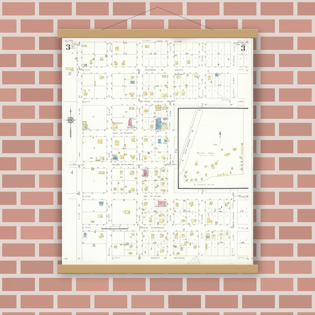 Old map wall art mockup — magnetic wood frame on brick wall — Sanborn Fire Insurance Map from Junction, Kimble County, Texas (1933), Sheet #0003