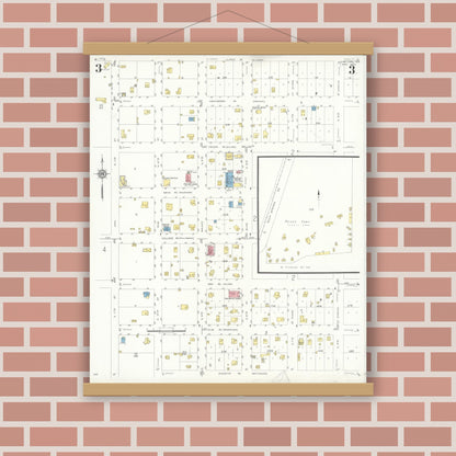 Old map wall art mockup — magnetic wood frame on brick wall — Sanborn Fire Insurance Map from Junction, Kimble County, Texas (1933), Sheet #0003