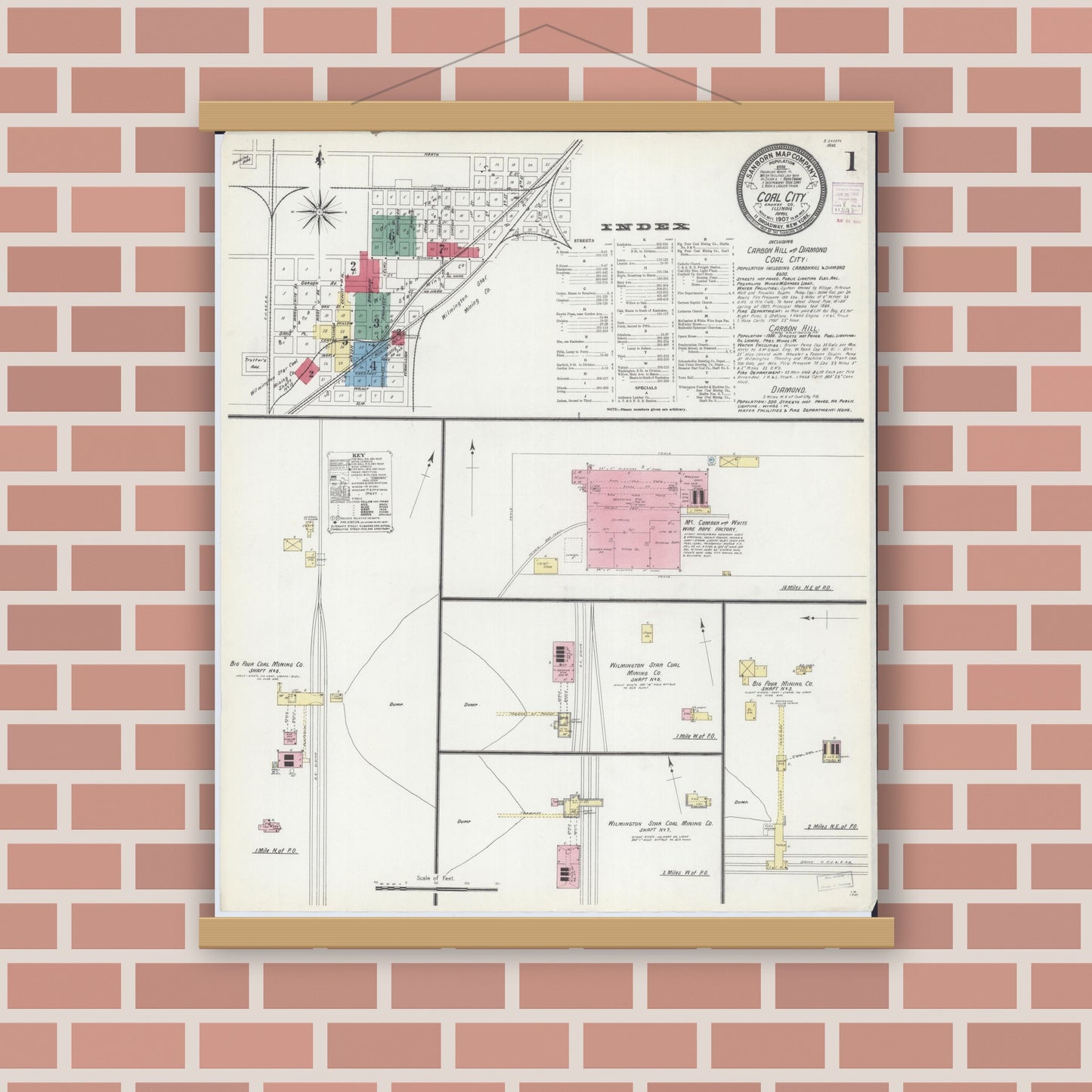 Old map wall art mockup — magnetic wood frame on brick wall — Sanborn Fire Insurance Map from Coal City, Grundy County, Illinois (1907) - Complete Map Set