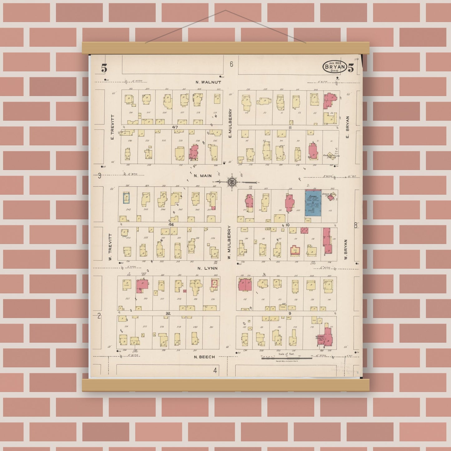 Old map wall art mockup — magnetic wood frame on brick wall — Sanborn Fire Insurance Map from Bryan, Williams County, Ohio (1923), Sheet #0005