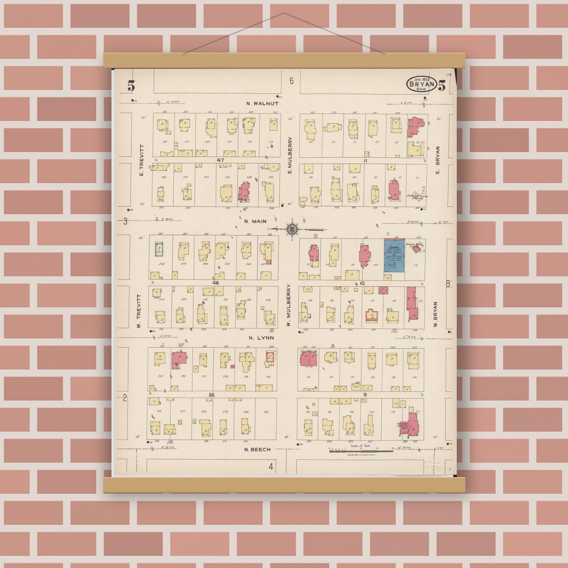 Old map wall art mockup — magnetic wood frame on brick wall — Sanborn Fire Insurance Map from Bryan, Williams County, Ohio (1923), Sheet #0005