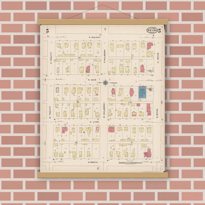 Old map wall art mockup — magnetic wood frame on brick wall — Sanborn Fire Insurance Map from Bryan, Williams County, Ohio (1923), Sheet #0005