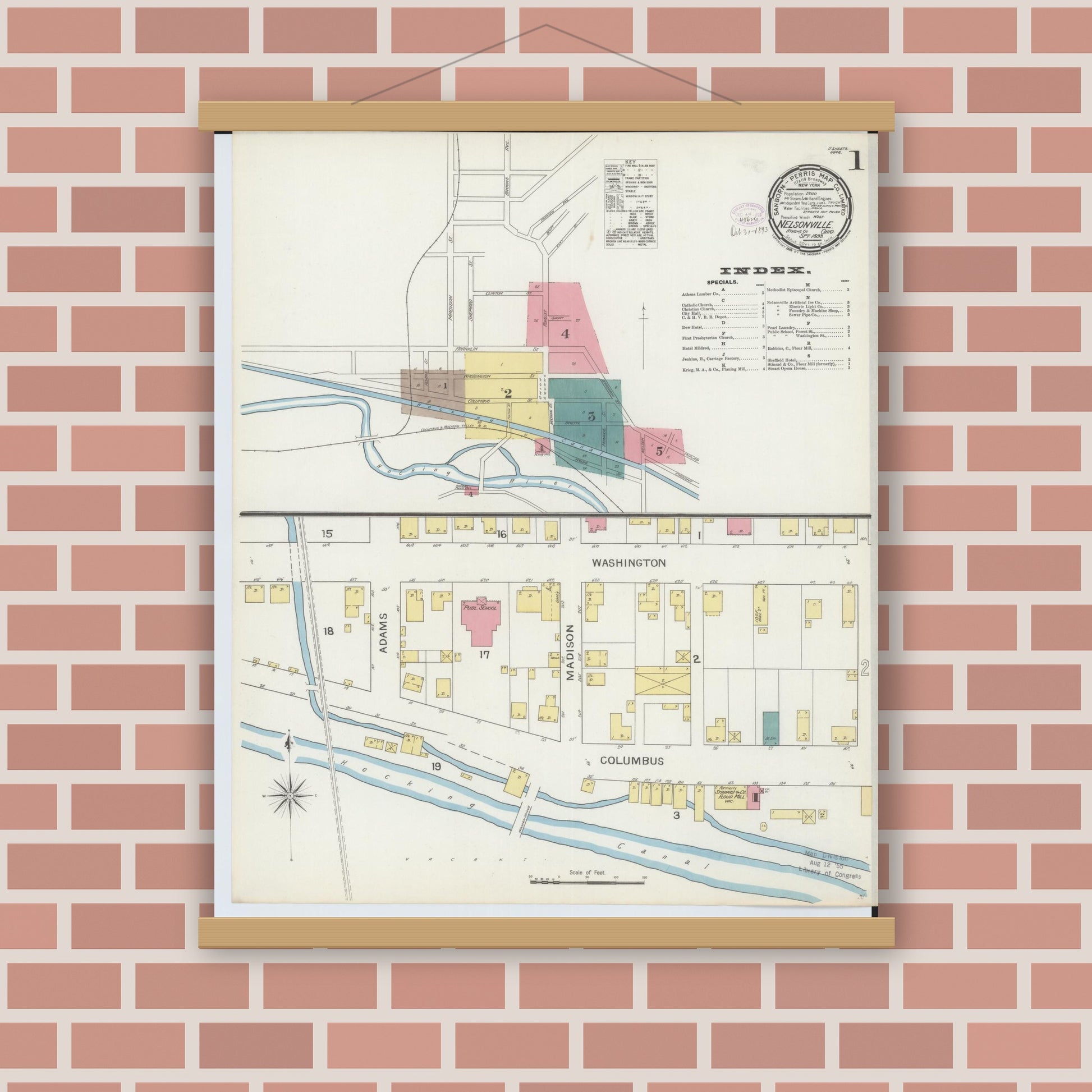 Old map wall art mockup — magnetic wood frame on brick wall — Sanborn Fire Insurance Map from Nelsonville, Athens County, Ohio (1893), Sheet #0001