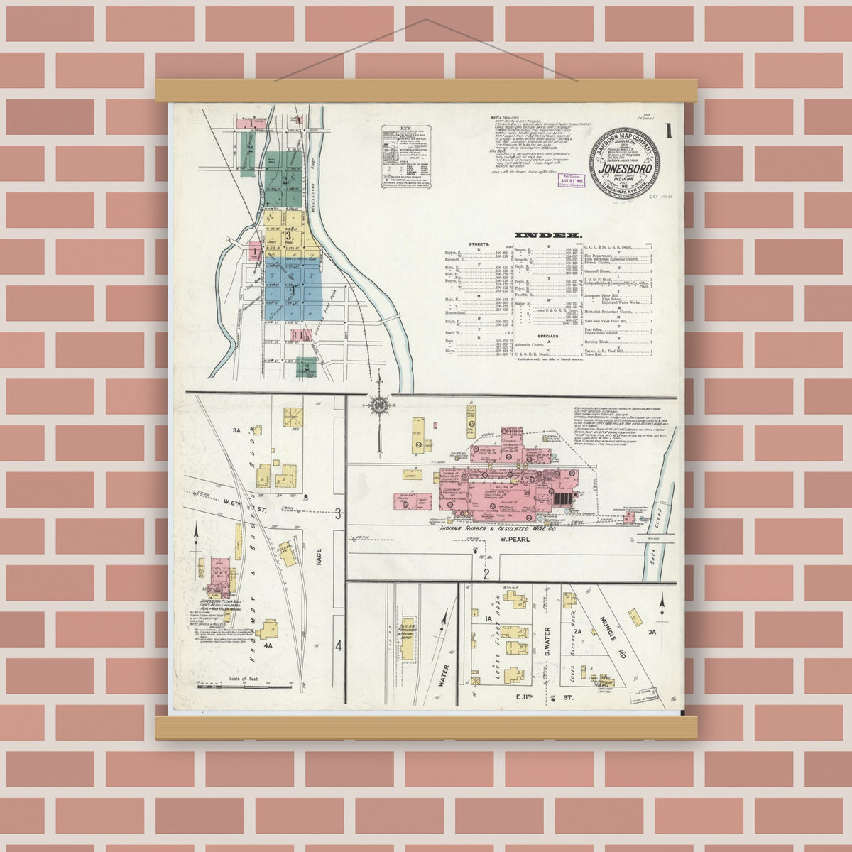 Old map wall art mockup — magnetic wood frame on brick wall — Sanborn Fire Insurance Map from Jonesboro, Grant County, Indiana (1911), Sheet #0001