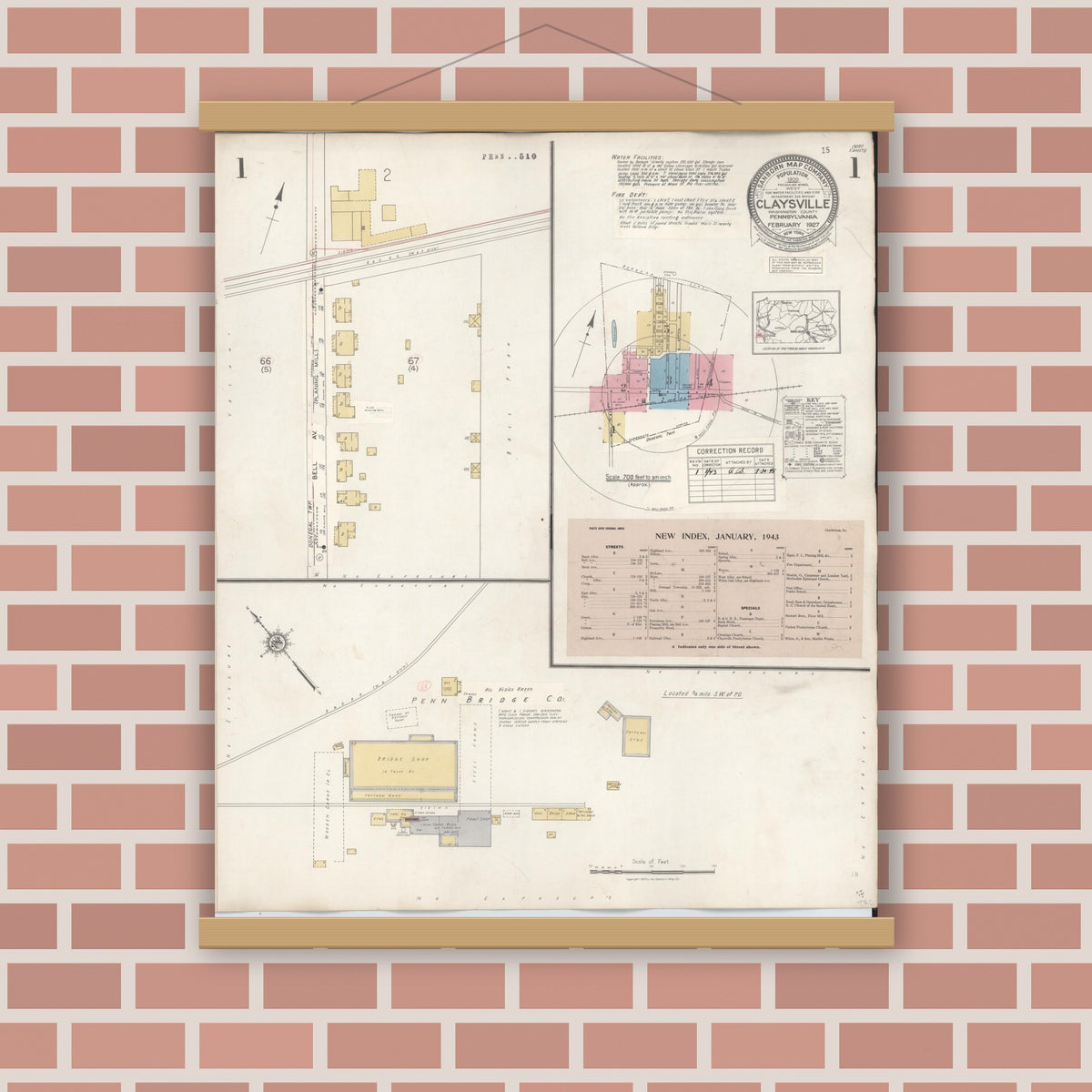 Old map wall art mockup — magnetic wood frame on brick wall — Sanborn Fire Insurance Map from Claysville, Washington County, Pennsylvania (1943) - Complete Map Set