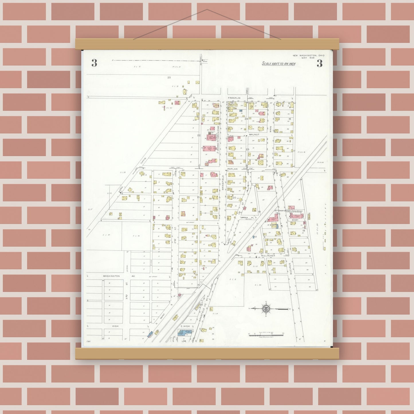 Old map wall art mockup — magnetic wood frame on brick wall — Sanborn Fire Insurance Map from New Washington, Crawford County, Ohio (1938), Sheet #0003