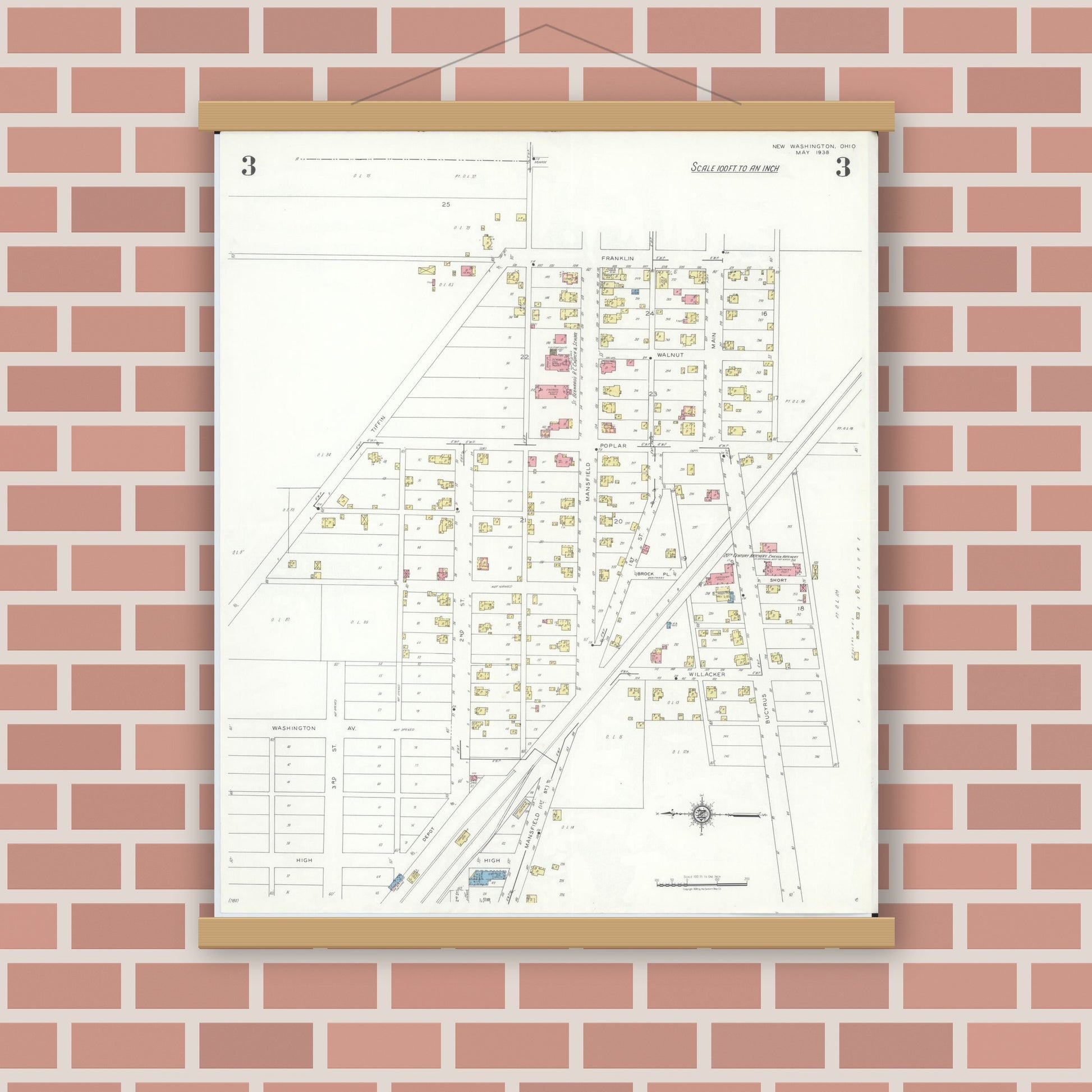 Old map wall art mockup — magnetic wood frame on brick wall — Sanborn Fire Insurance Map from New Washington, Crawford County, Ohio (1938), Sheet #0003