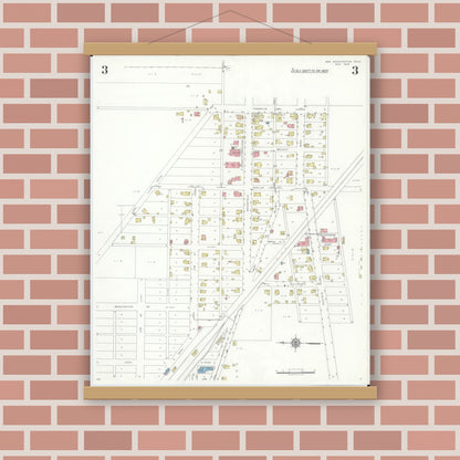 Old map wall art mockup — magnetic wood frame on brick wall — Sanborn Fire Insurance Map from New Washington, Crawford County, Ohio (1938), Sheet #0003