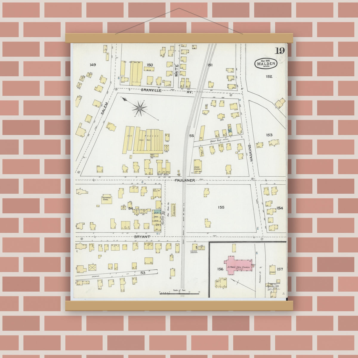 Old map wall art mockup — magnetic wood frame on brick wall — Sanborn Fire Insurance Map from Malden, Middlesex County, Massachusetts (1892), Sheet #0019