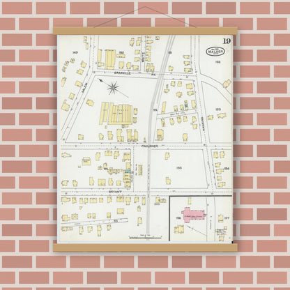 Old map wall art mockup — magnetic wood frame on brick wall — Sanborn Fire Insurance Map from Malden, Middlesex County, Massachusetts (1892), Sheet #0019