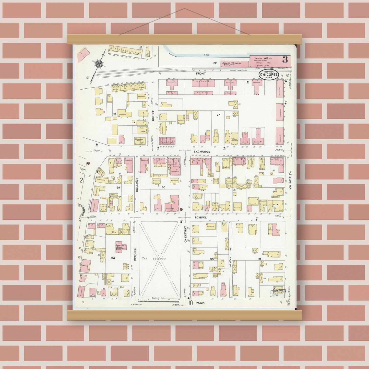 Old map wall art mockup — magnetic wood frame on brick wall — Sanborn Fire Insurance Map from Chicopee, Hampden County, Massachusetts (1910), Sheet #0003