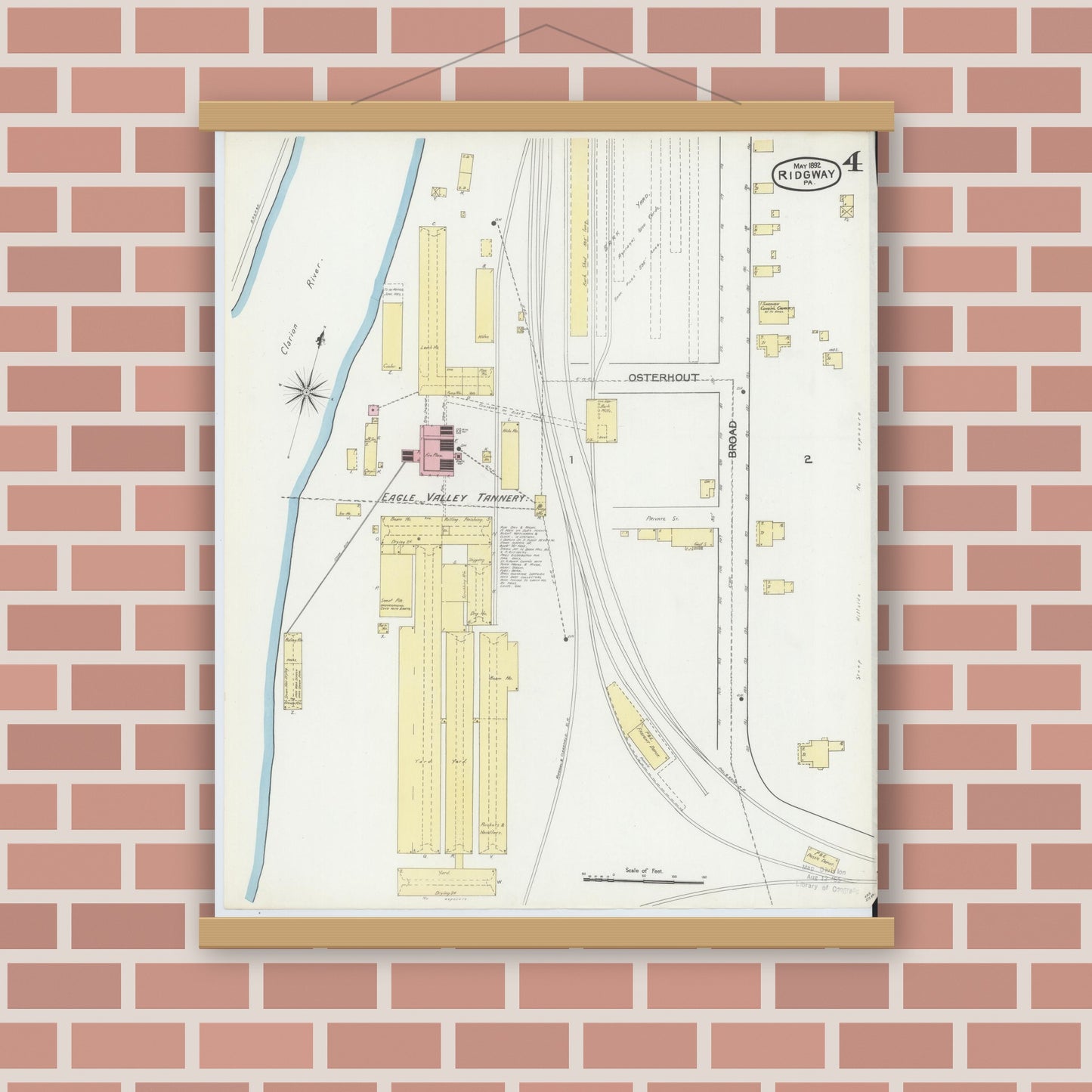 Old map wall art mockup — magnetic wood frame on brick wall — Sanborn Fire Insurance Map from Ridgway, Elk County, Pennsylvania (1892), Sheet #0004