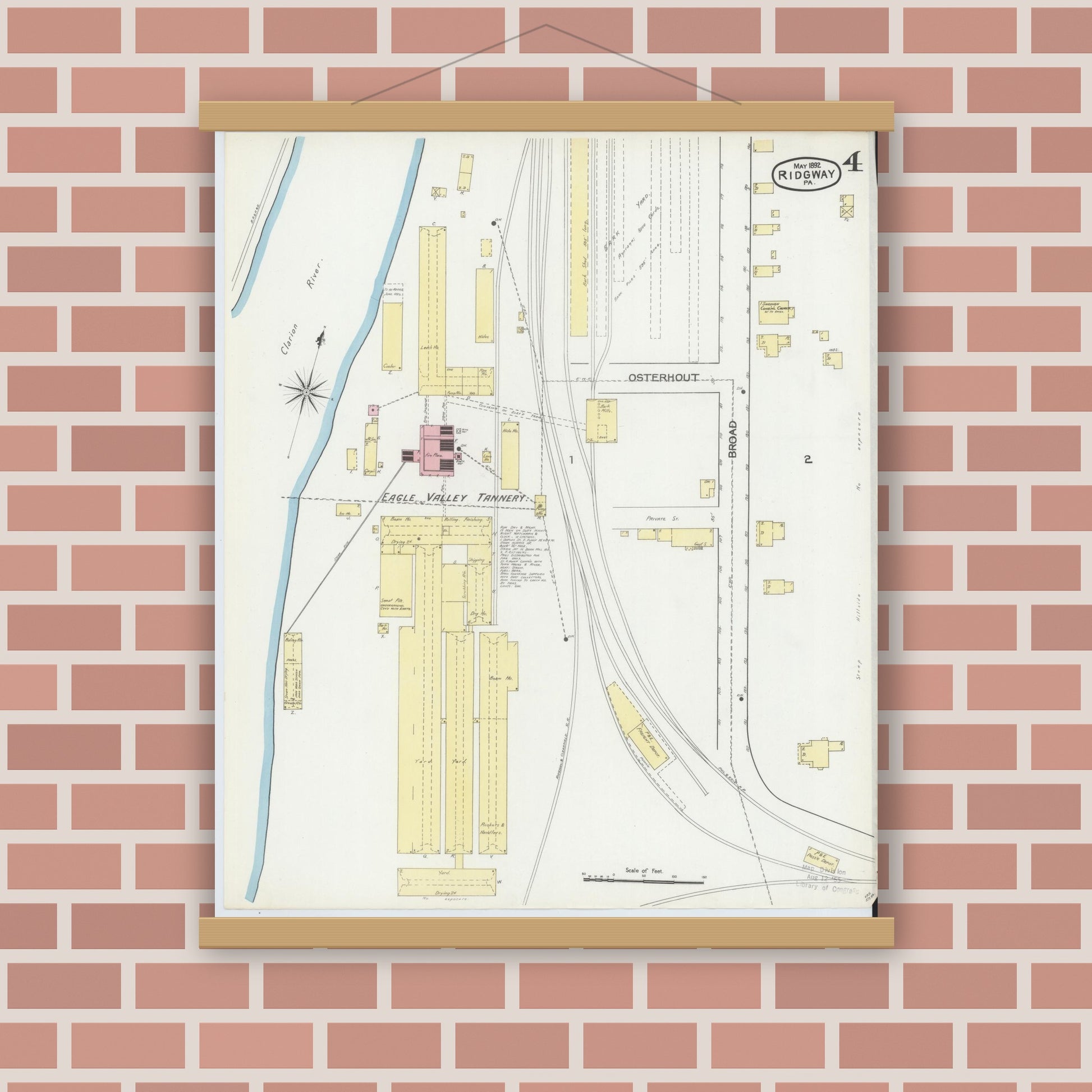 Old map wall art mockup — magnetic wood frame on brick wall — Sanborn Fire Insurance Map from Ridgway, Elk County, Pennsylvania (1892), Sheet #0004