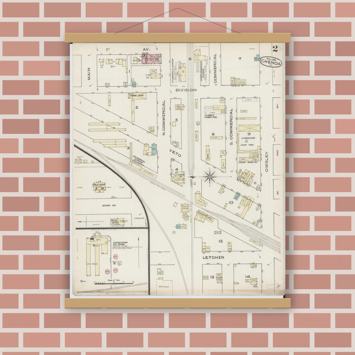 Old map wall art mockup — magnetic wood frame on brick wall — Sanborn Fire Insurance Map from Chenoa, McLean County, Illinois (1885), Sheet #0002