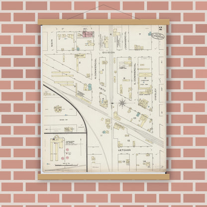 Old map wall art mockup — magnetic wood frame on brick wall — Sanborn Fire Insurance Map from Chenoa, McLean County, Illinois (1885), Sheet #0002