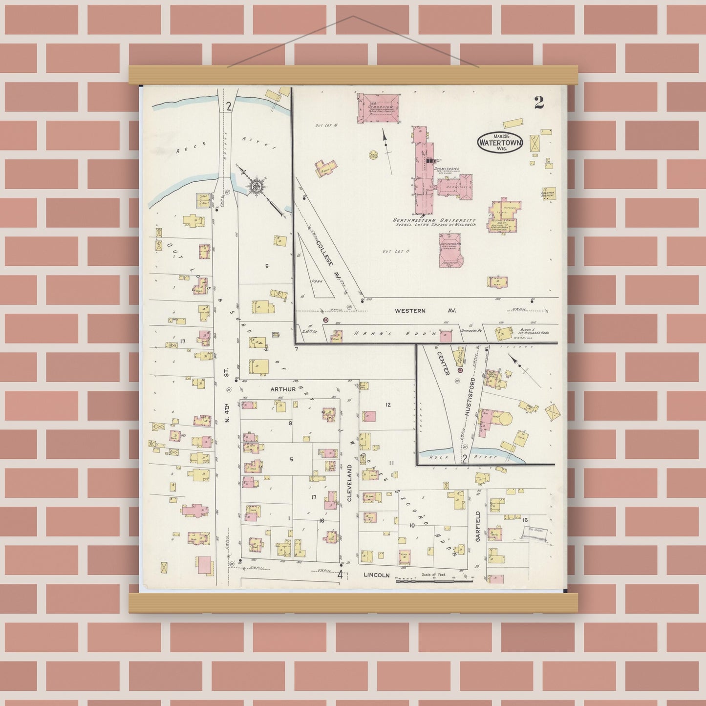 Old map wall art mockup — magnetic wood frame on brick wall — Sanborn Fire Insurance Map from Watertown, Jefferson County, Wisconsin (1915), Sheet #0003