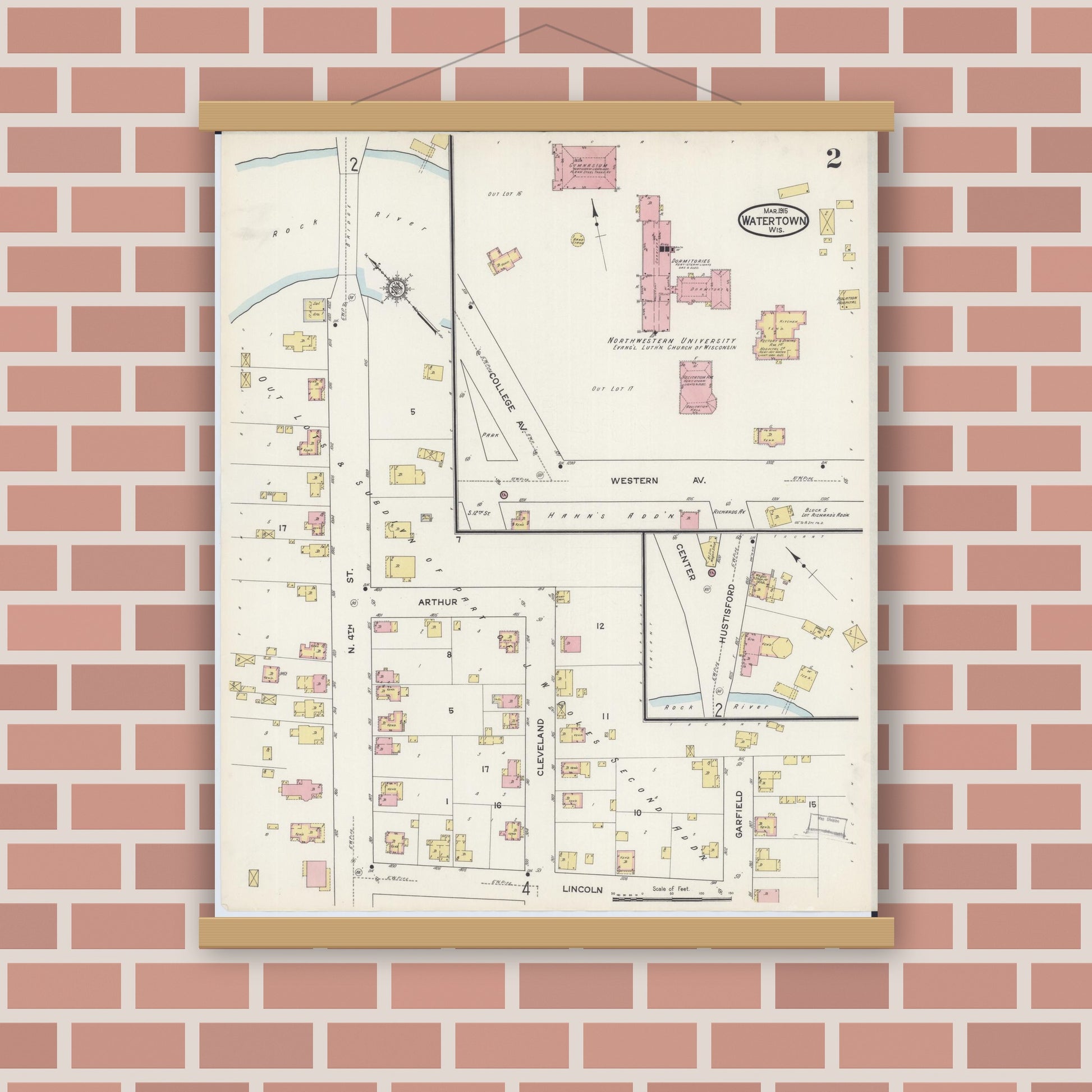 Old map wall art mockup — magnetic wood frame on brick wall — Sanborn Fire Insurance Map from Watertown, Jefferson County, Wisconsin (1915), Sheet #0003