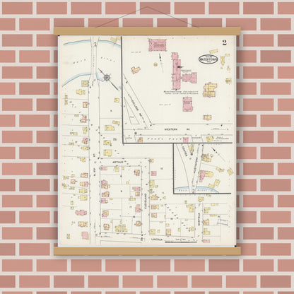 Old map wall art mockup — magnetic wood frame on brick wall — Sanborn Fire Insurance Map from Watertown, Jefferson County, Wisconsin (1915), Sheet #0003