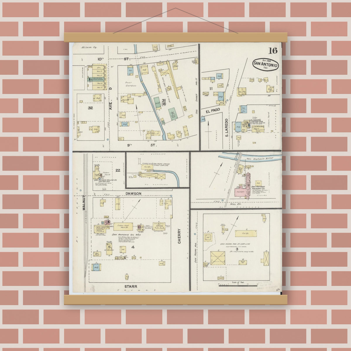 Old map wall art mockup — magnetic wood frame on brick wall — Sanborn Fire Insurance Map from San Antonio, Bexar County, Texas (1888), Sheet #0016