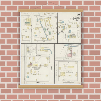 Old map wall art mockup — magnetic wood frame on brick wall — Sanborn Fire Insurance Map from San Antonio, Bexar County, Texas (1888), Sheet #0016