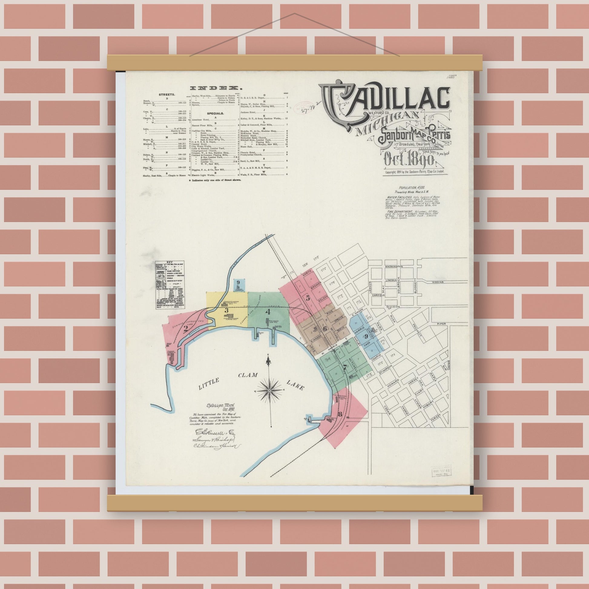 Old map wall art mockup — magnetic wood frame on brick wall — Sanborn Fire Insurance Map from Cadillac, Wexford County, Michigan (1890), Sheet #0001
