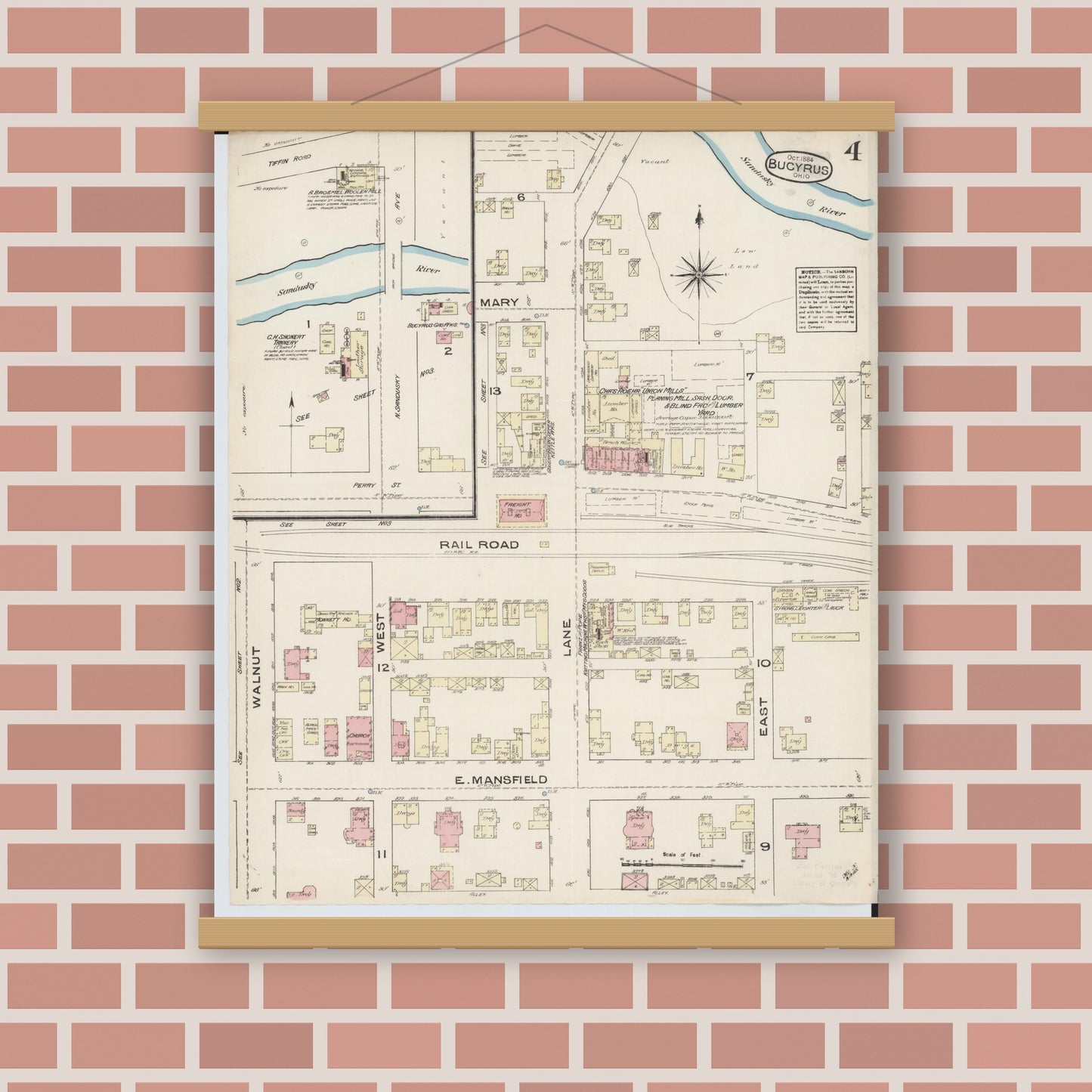 Old map wall art mockup — magnetic wood frame on brick wall — Sanborn Fire Insurance Map from Bucyrus, Crawford County, Ohio (1884), Sheet #0004